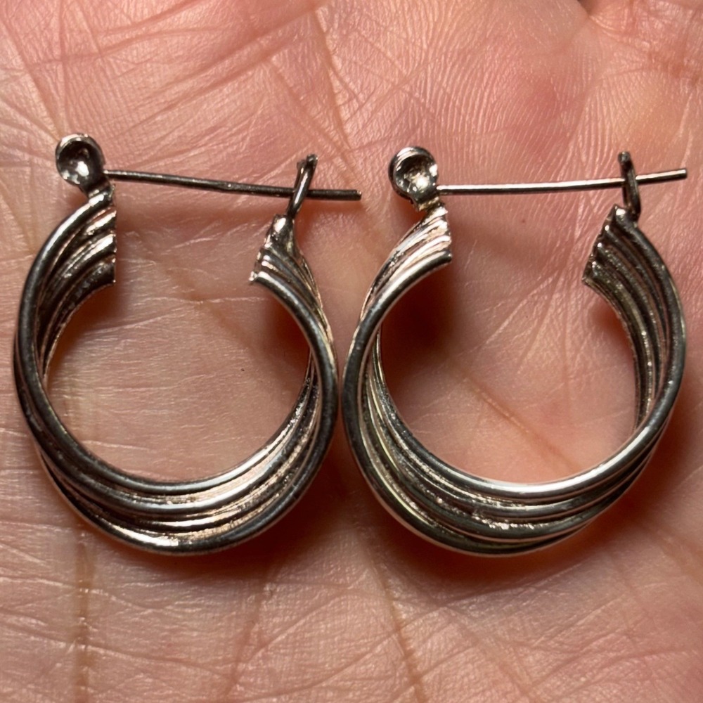 Hoop Earrings Silver Vintage 925 Sterling Multi Row Ribs Tiered Stacked C Hoopsβ